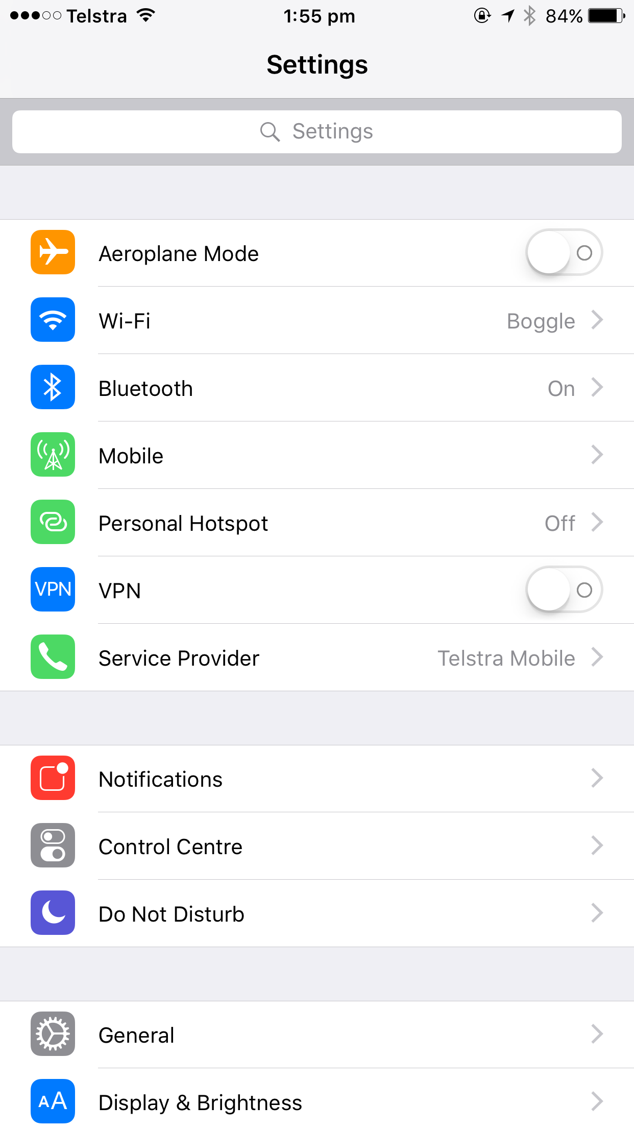 iPhone settings screen with default small text