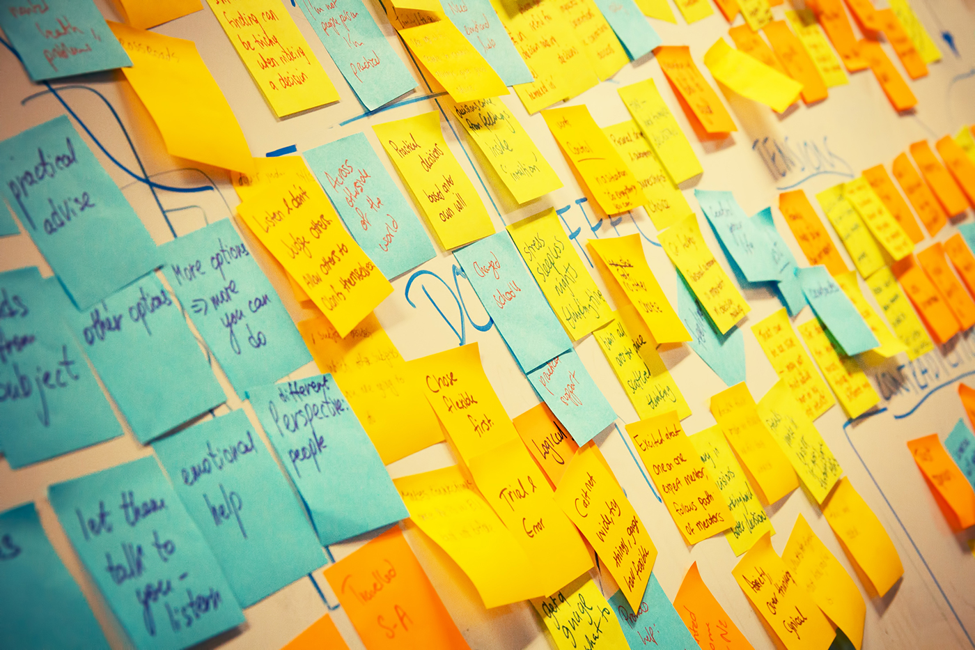 A whiteboard covered in Post-It notes.
